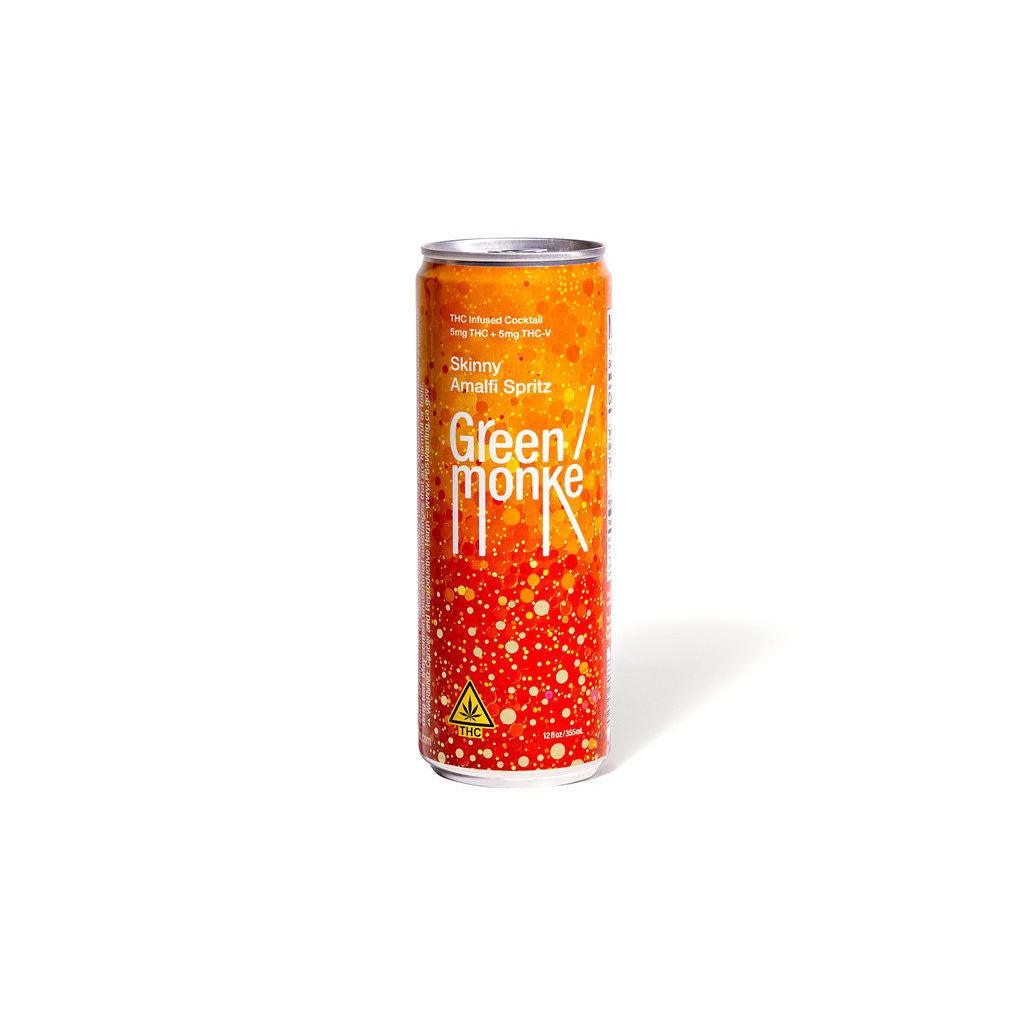 A slim can of Green Monke Skinny Amalfi Spritz THC & THCV cocktail on white background