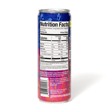 Back of the Green Monké Blue Raspberry infused soda can with ingredients and nutrition facts