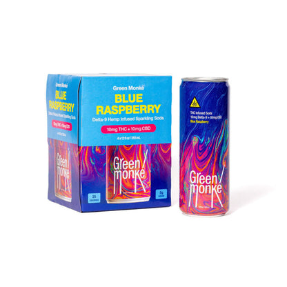 Green Monké Blue Raspberry soda 4-pack box and can on white