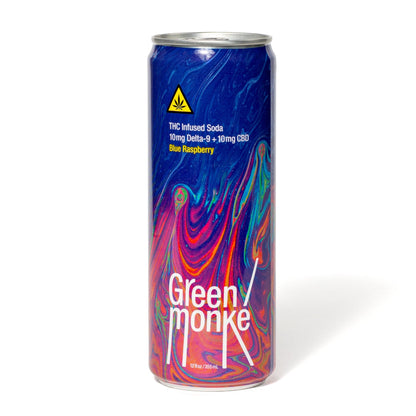 Front of the Green Monké Blue Raspberry soda can — 10mg infusion.