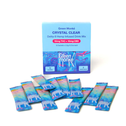 Green Monké Crystal Clear unflavored THC drink mix box with sticks