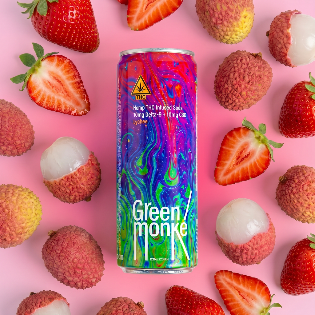 A colorful can of Green Monkey hemp THC-infused soda is centered on a pink background, surrounded by fresh strawberries and lychees. The can features a vibrant, multicolored psychedelic pattern with the brand name Green Monke printed on the can