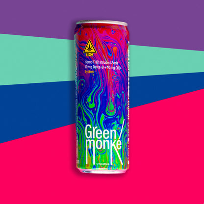 Green Monké Lychee THC soda can on a bold colorblock background
