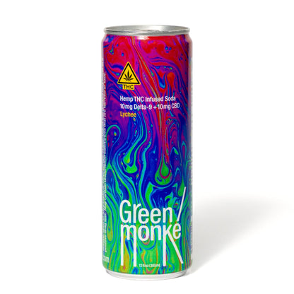 Front of the Green Monké Lychee THC soda can — 10mg THC + 10mg CBD