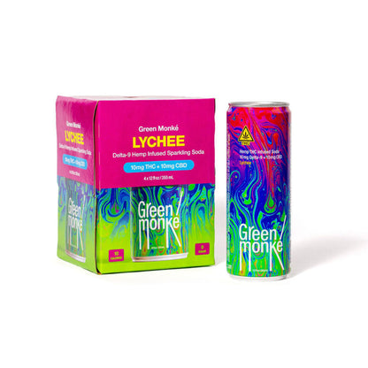 Green Monké Lychee THC soda 4-pack box and can on white
