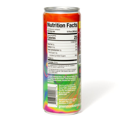 Back of the Green Monké Mango Guava THC soda can with ingredients and nutrition facts