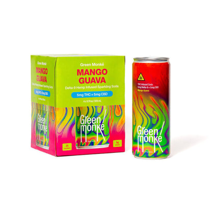 Green Monké Mango Guava THC soda 4-pack box and can on white