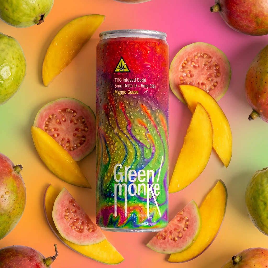 A colorful beverage can of Green Monke hemp THC-infused soda, upright in a styled flat lay surrounded by whole and sliced guava and mango fruits on a bright gradient background.
