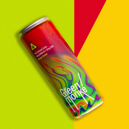 Green Monké Mango Guava THC soda can on a bold colorblock background