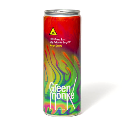 Front of the Green Monké Mango Guava THC soda can — 5mg THC + 5mg CBD