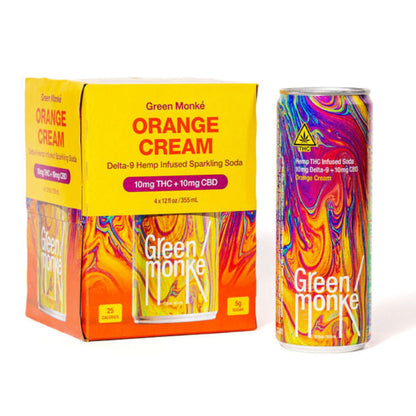 Green Monké Orange Cream THC soda 4-pack box and can on white