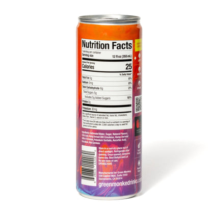 Back of the Green Monké Orange Passionfruit THC soda can with ingredients and nutrition facts