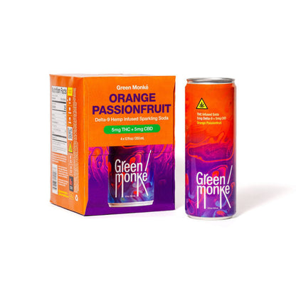 Green Monké Orange Passionfruit THC soda 4-pack box and can on white