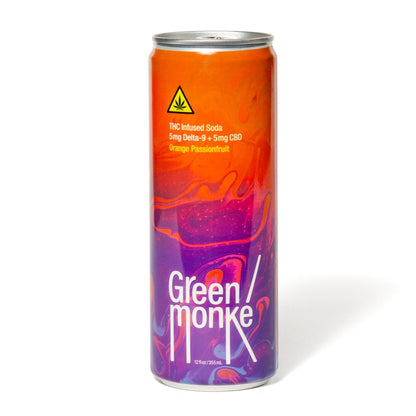 Front of the Green Monké Orange Passionfruit THC soda can — 5mg THC + 5mg CBD
