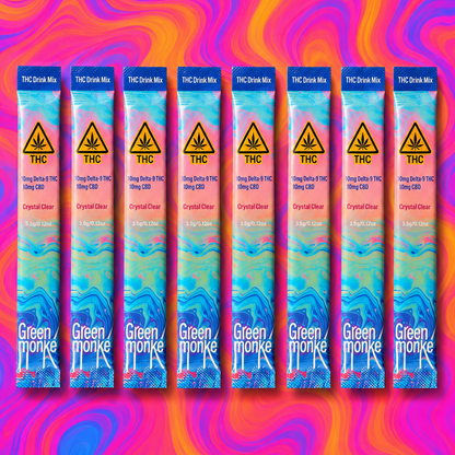 Green Monké Crystal Clear THC mix sticks on a bold colorblock background
