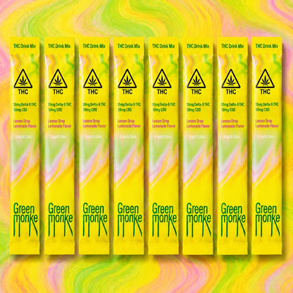 Green Monké Lemon Drop THC mix sticks on a bold colorblock background