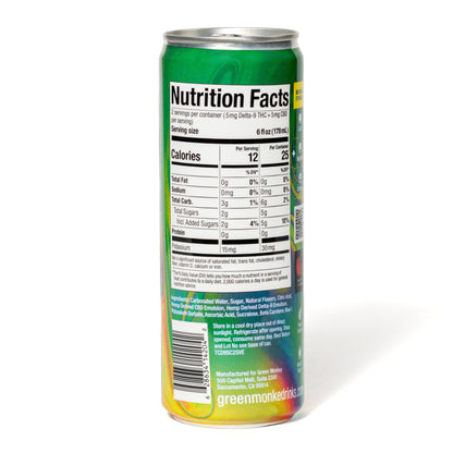 Back of the Green Monké Tropical Citrus THC soda can with ingredients and nutrition facts