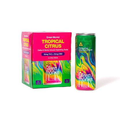 Green Monké Tropical Citrus THC soda 4-pack box and can on white